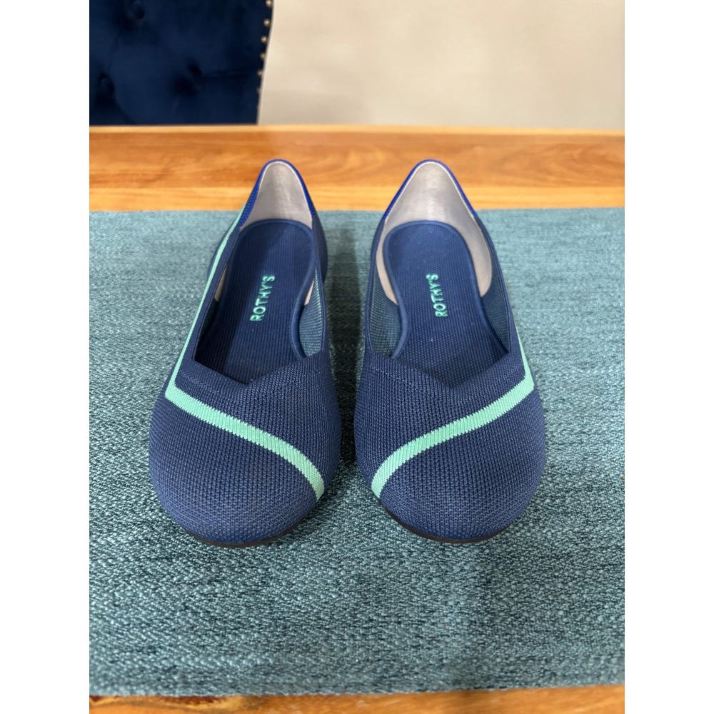 Rothys The Point Blue Mint Green Stripe Knit Toe Flats Shoes 9.5